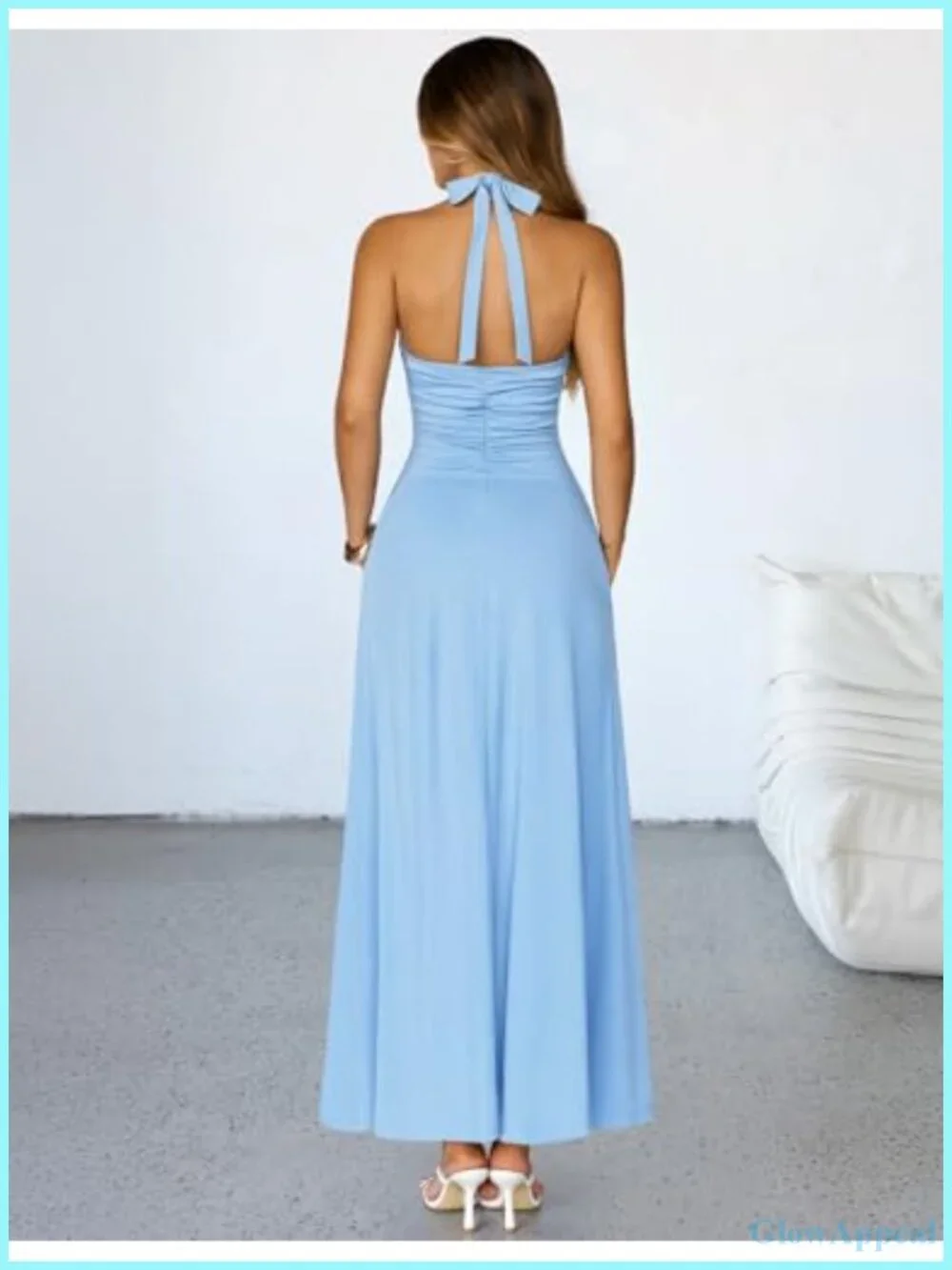Formal Halter Maxi Dress - Backless Sleeveless V Neck Ruched Cocktail Wedding